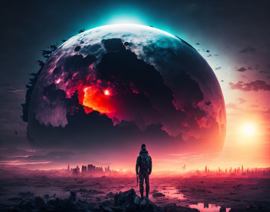 Person in spacesuit before massive celestial body over ruined cityscape at sunset