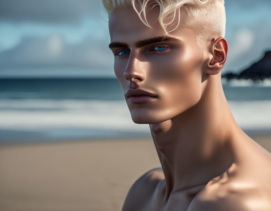 Chiseled male figure with blue eyes and blonde hair on beach background