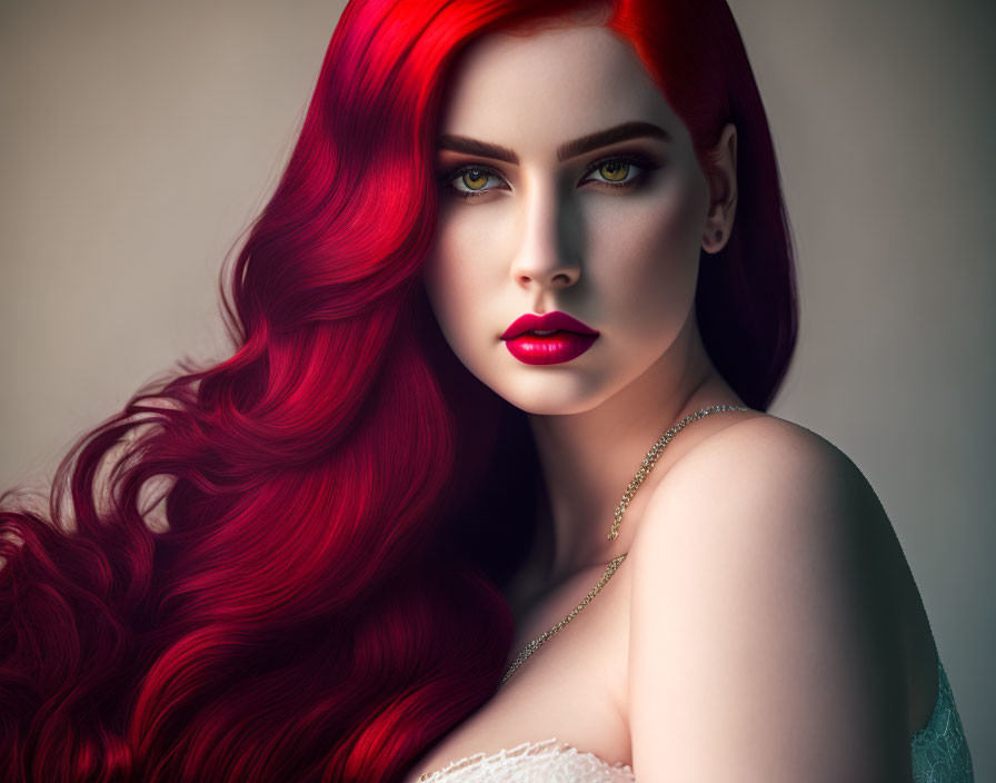 Woman with Red Hair, Green Eyes, Red Lipstick, Gold Chain, Posing Gracefully