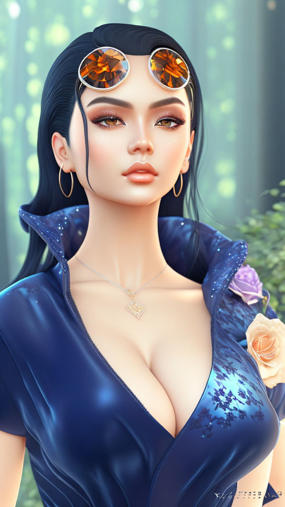 Character with round reflective sunglasses, earrings, blue outfit, and floral elements in forest setting