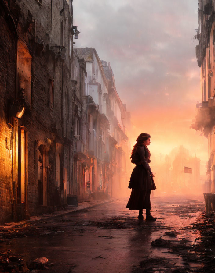 Desolate street scene with solitary figure at sunrise or sunset