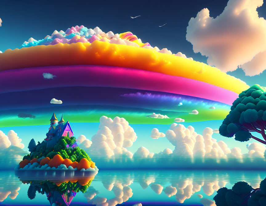 Vibrant rainbow over floating island with castle in lush landscape