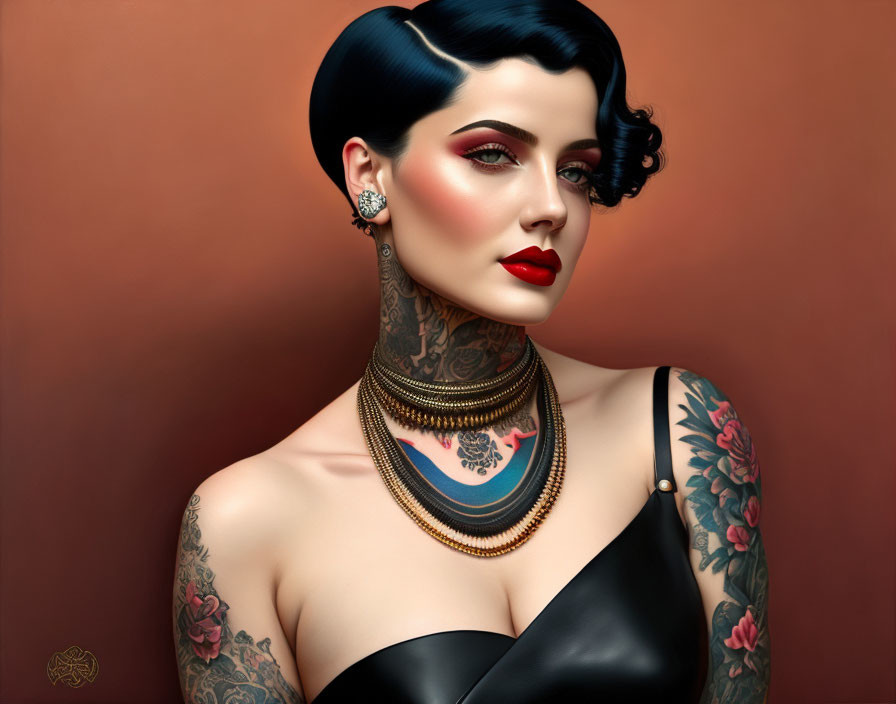 Vintage makeup woman with black bob hairstyle, red lips, tattoos, and jewelry on muted backdrop.
