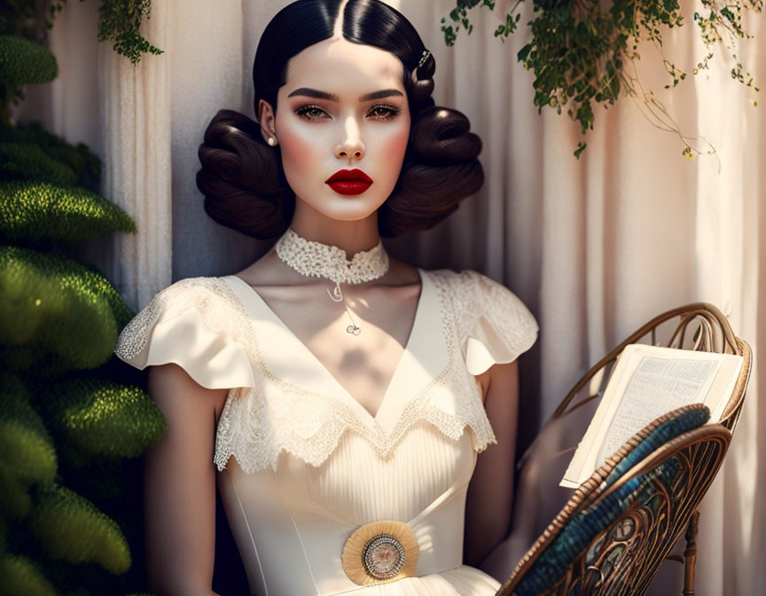 Vintage-styled female figure with red lipstick and white dress by window reading book