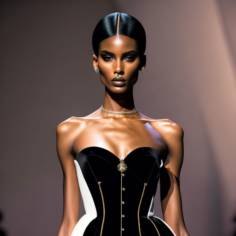 Fashion model in black and white corset dress with gold jewelry