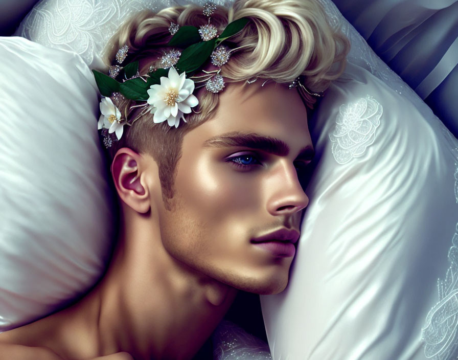 Man with Striking Blue Eyes and Blonde Hair in Floral Headpiece on White Lace Pillows