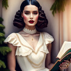 Vintage-styled female figure with red lipstick and white dress by window reading book