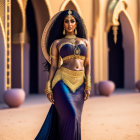 Woman in Golden and Purple Belly Dancer Costume Poses in Front of Palatial Backdrop