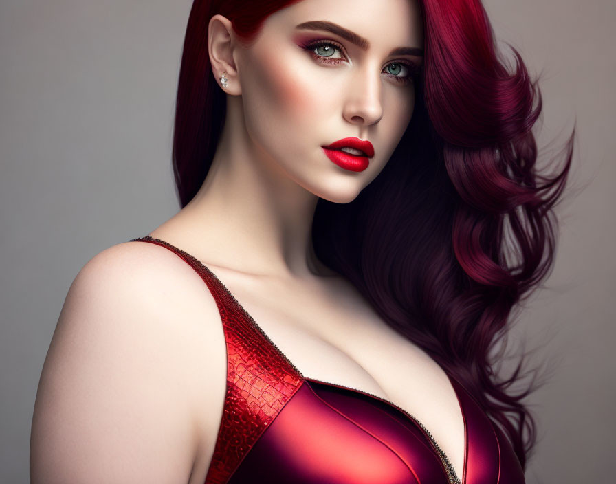 Vibrant red-haired woman with green eyes and red lipstick in elegant portrait