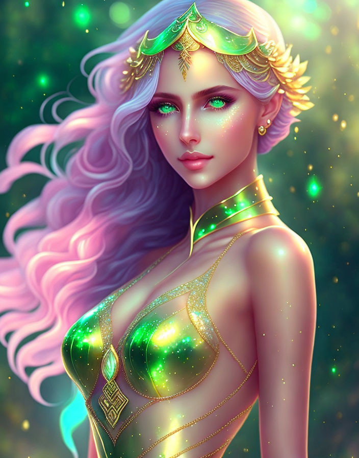 Fantasy digital art: Pink-haired woman with green eyes and golden jewelry