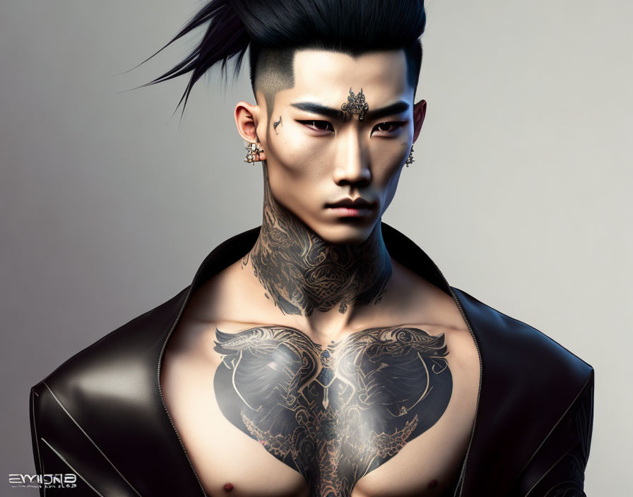 Digital illustration of man with undercut hairstyle, facial piercings, chest tattoo, dark open jacket