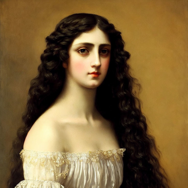 Classic Portrait of Woman with Dark Curly Hair and White Off-Shoulder Dress