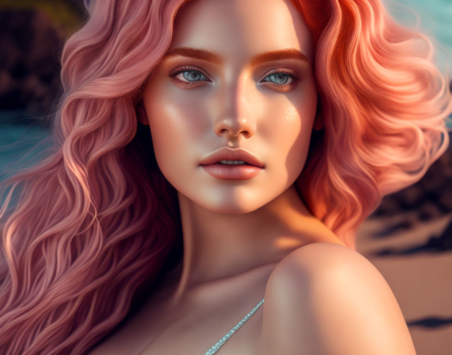 Woman with Pink Hair and Blue Eyes on Sandy Beach