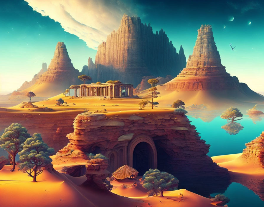 Fantastical desert landscape with rock formations, ruins, waters, trees, and surreal sky