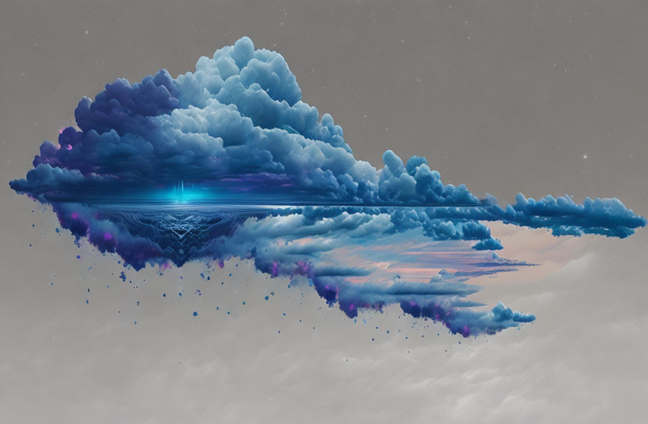 Vibrant blue and purple cloud formation in surreal mirrored effect