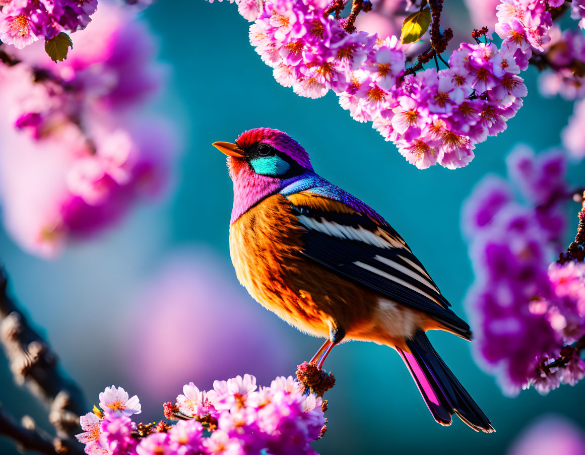 Colorful Bird Perched on Branch with Cherry Blossoms in Teal Background