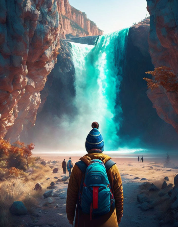 Person in winter hat at majestic waterfall with autumn cliffs