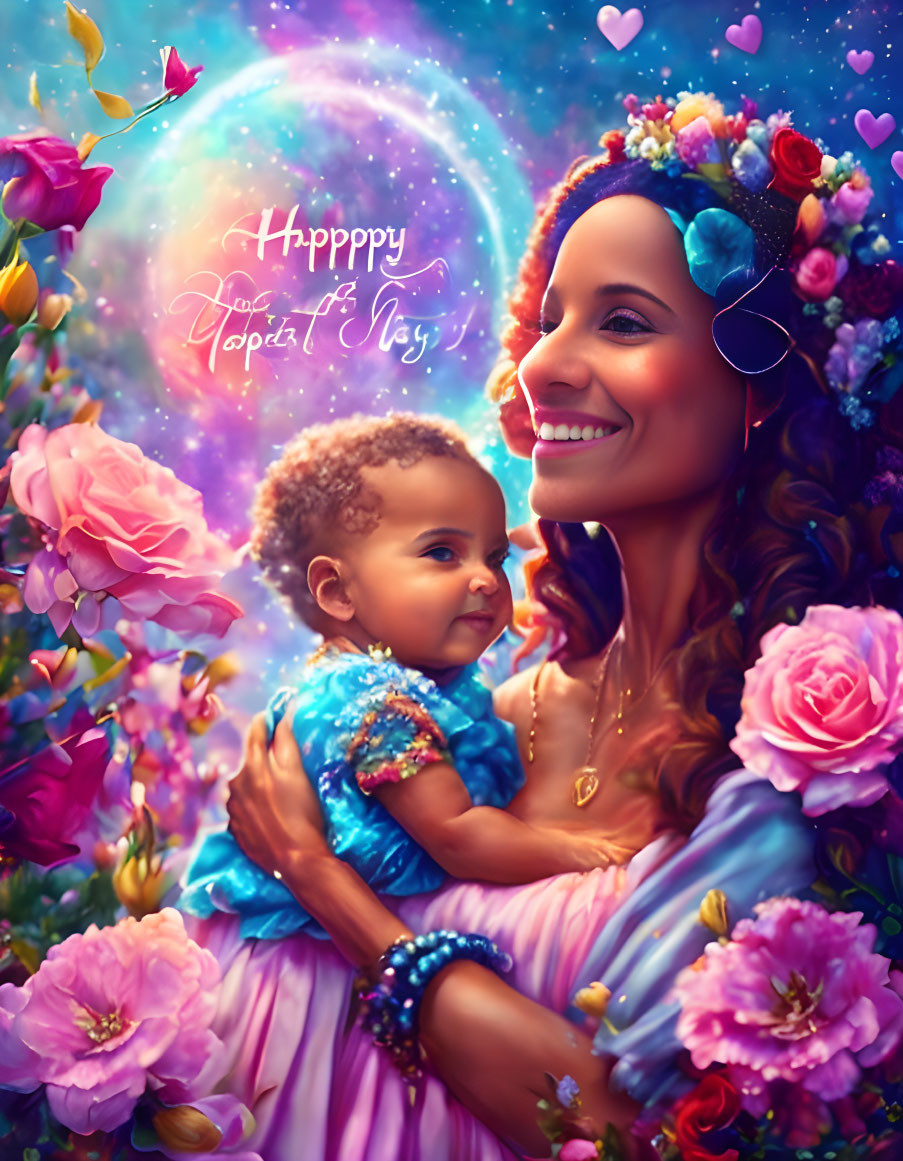 Smiling woman and child with flower crown in front of roses and galaxy.