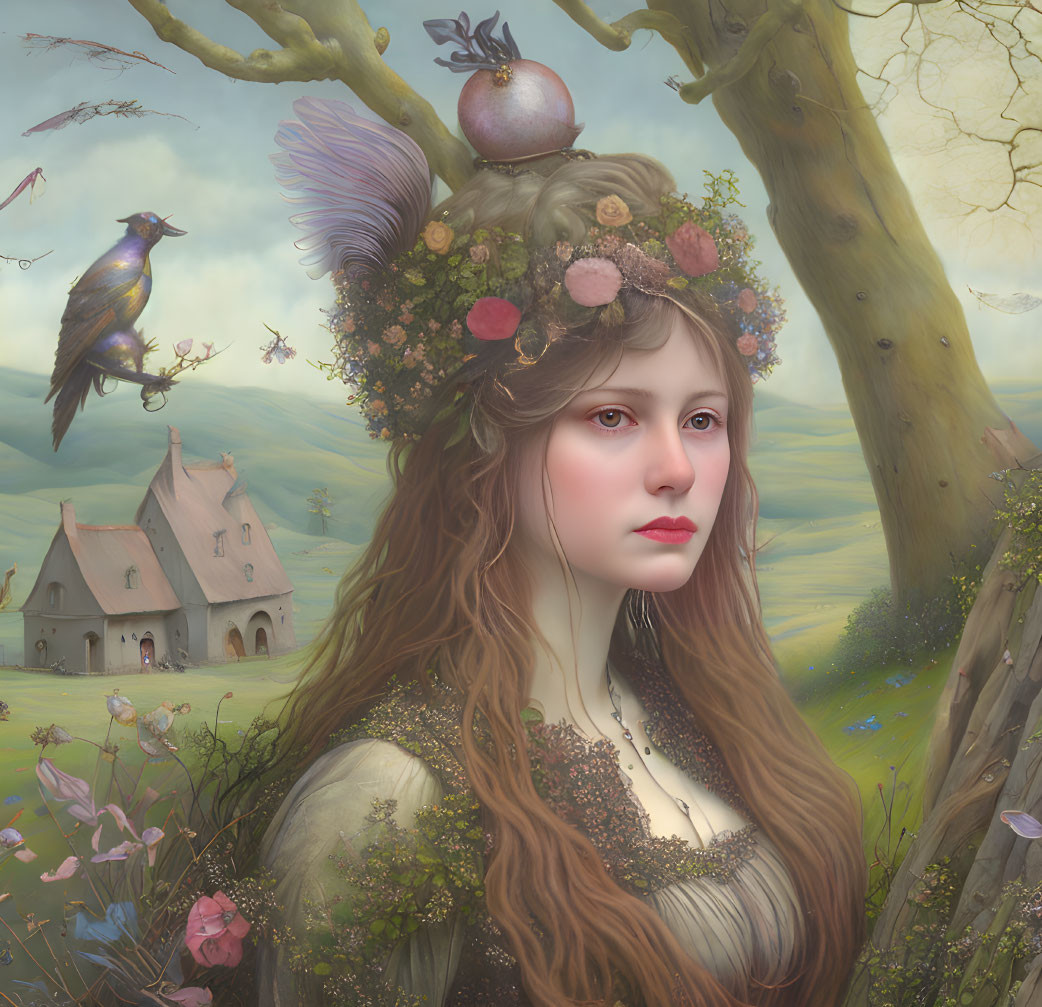 Woman with floral headpiece in meadow with raven, bees, and cottage