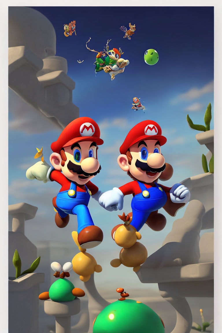 Mario Characters Jumping in Clear Blue Sky with Flying Friends