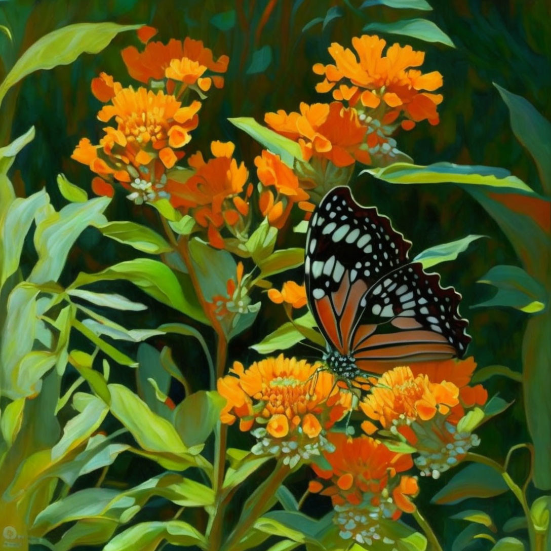 Monarch butterfly on orange milkweed blossoms and green foliage