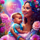 Smiling woman and child with flower crown in front of roses and galaxy.