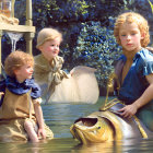 Three children with curly red hair in ornate clothing admire a luminous artifact among intricate nature.