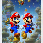 Mario Characters Jumping in Clear Blue Sky with Flying Friends