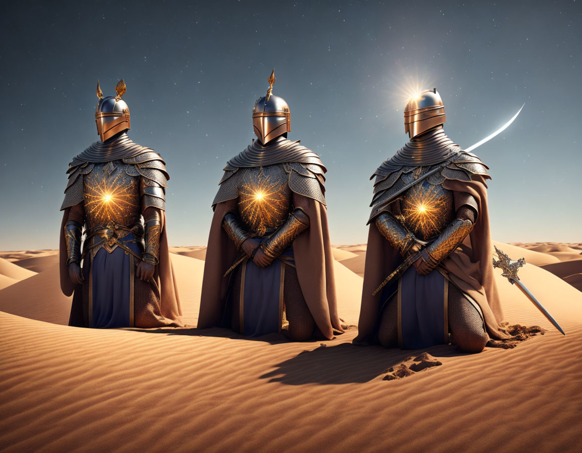 Three knights in ornate armor in desert with sand dunes and comet.