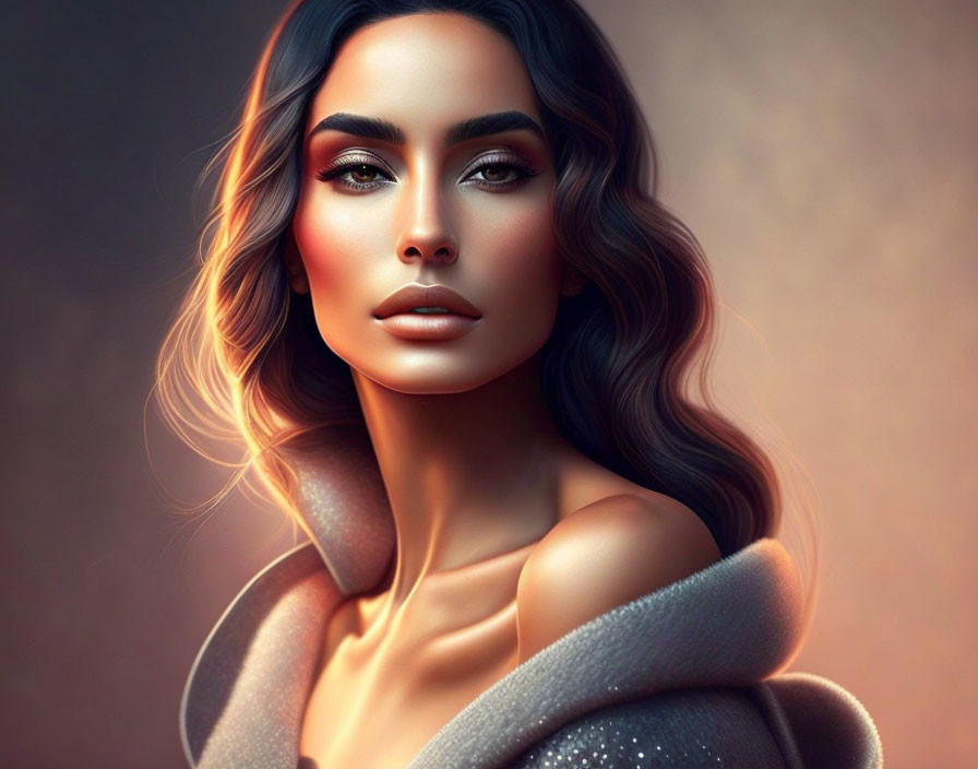 Striking digital portrait of a woman with long hair in off-shoulder top