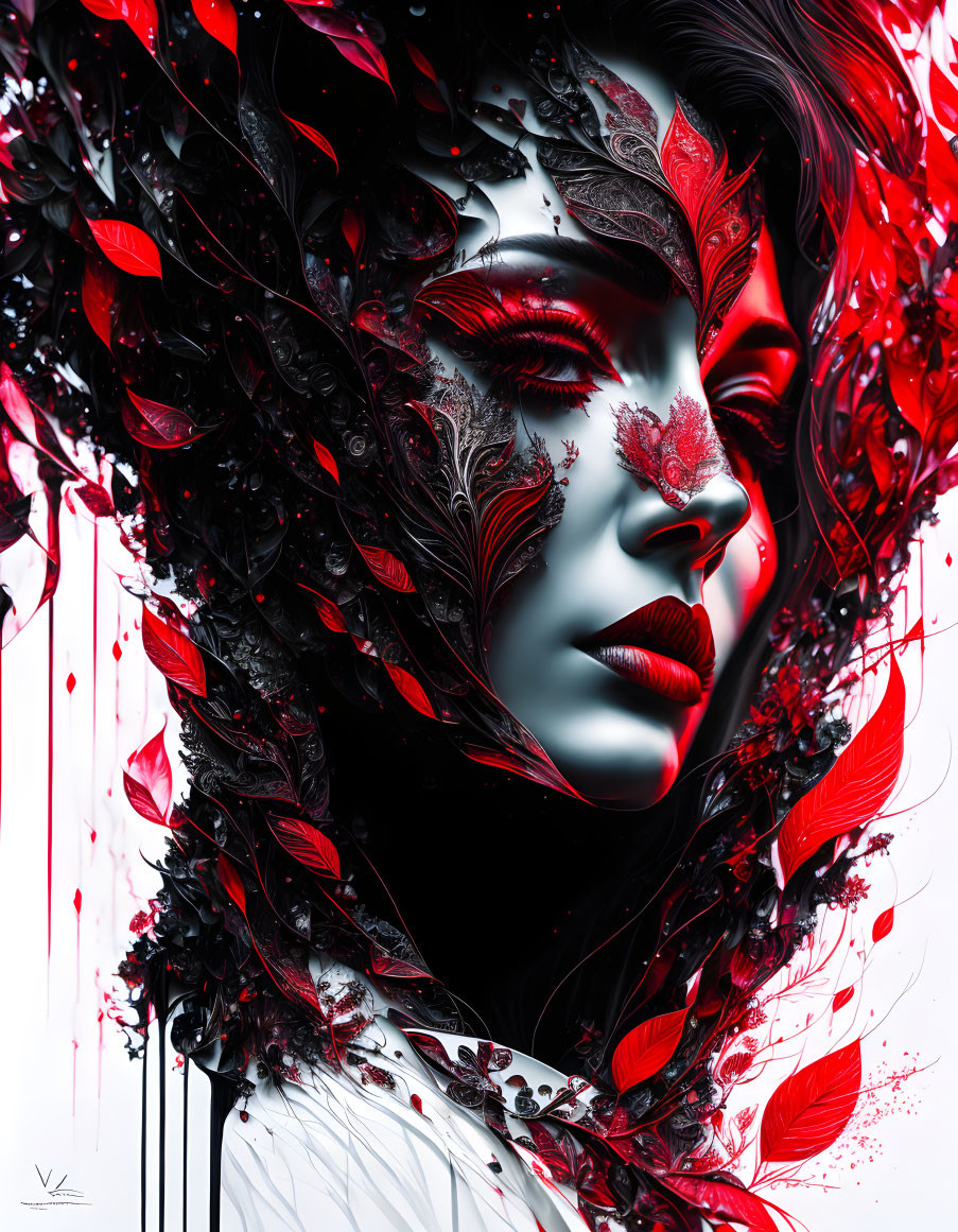 Digital art: Woman's face with red & black leaves, crimson tendrils on white background