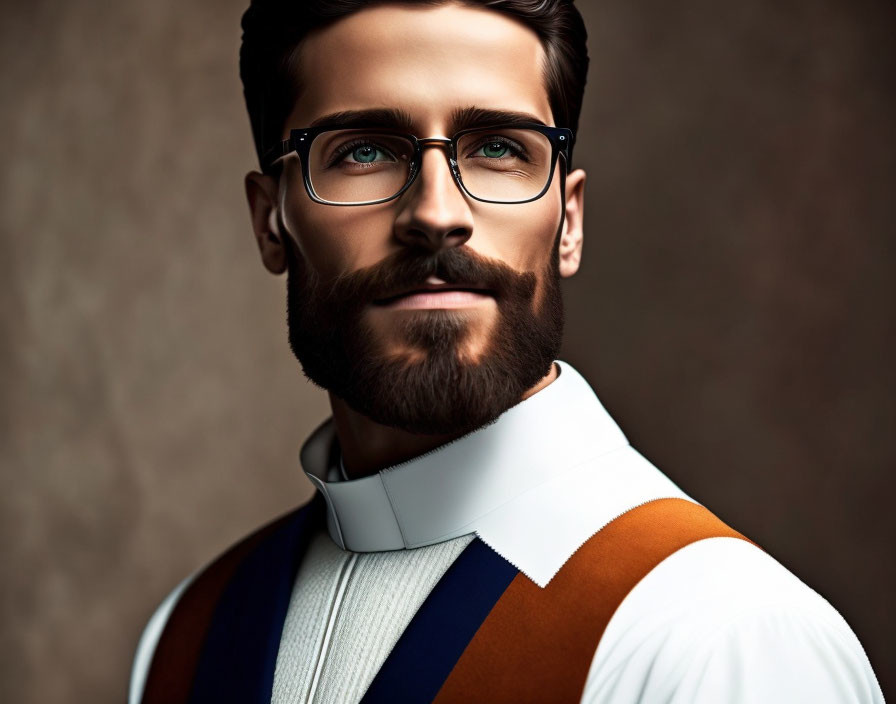 Bearded man in high-collar outfit with glasses in white, blue, and brown tones