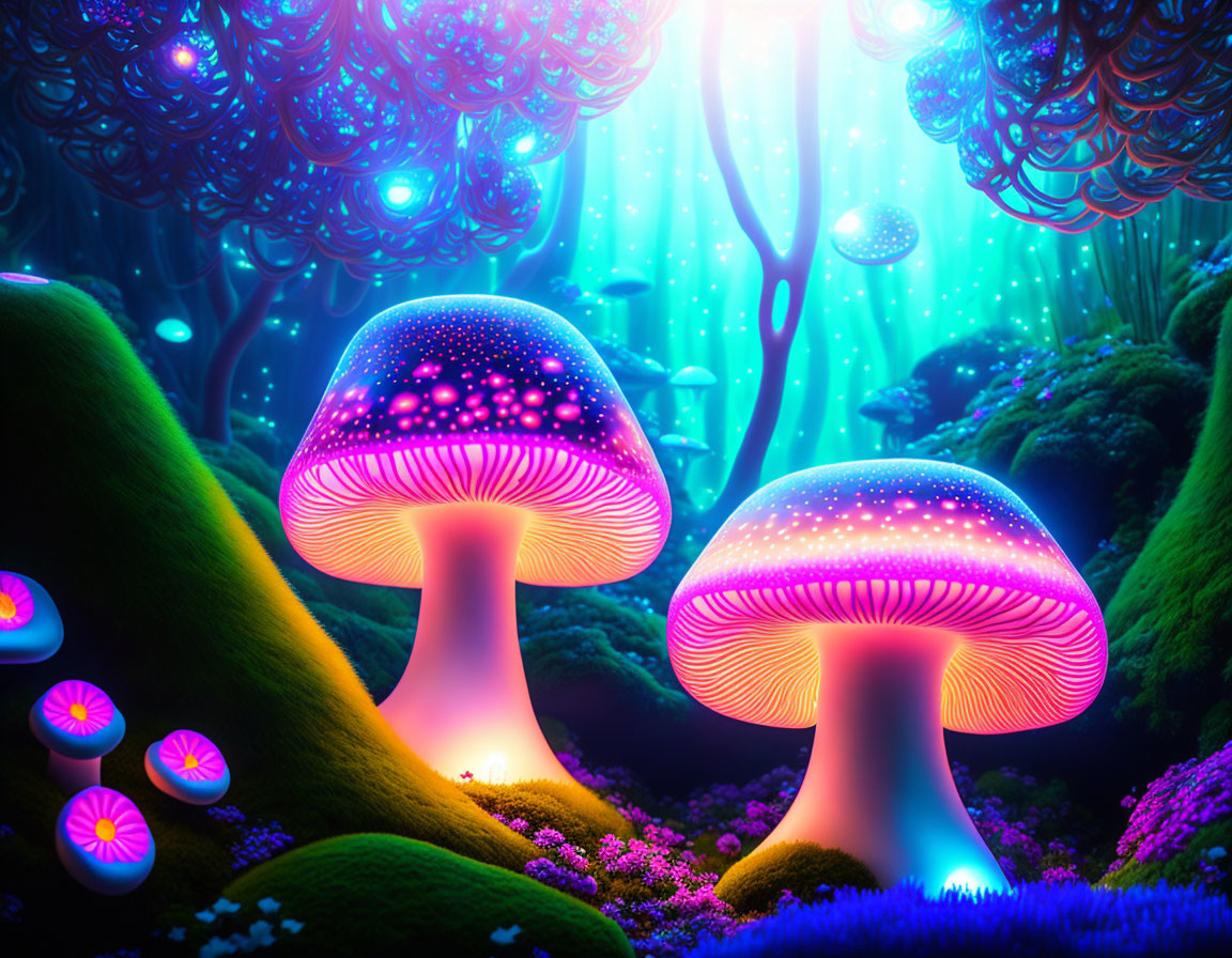 Fantastical glowing mushroom forest with neon colors