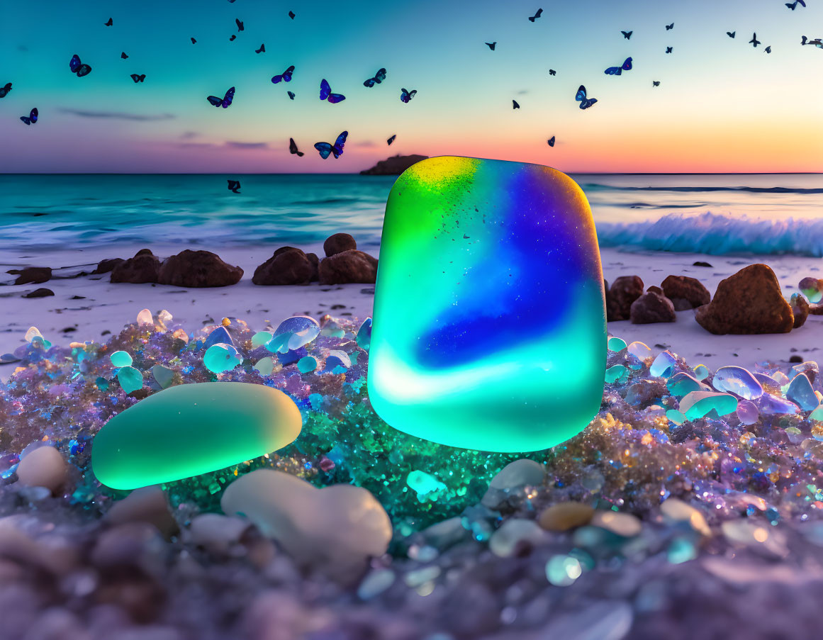 Colorful Glow Emanates from Jelly-Like Cube on Pebbly Beach