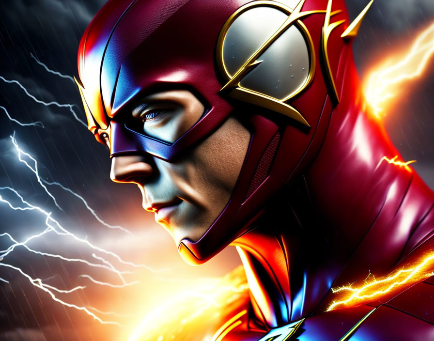 Vibrant digital artwork of red-suited superhero against lightning backdrop