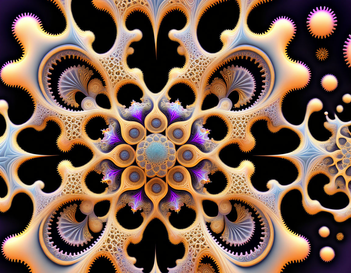 Colorful Fractal Art: Symmetrical Patterns in Orange and Purple