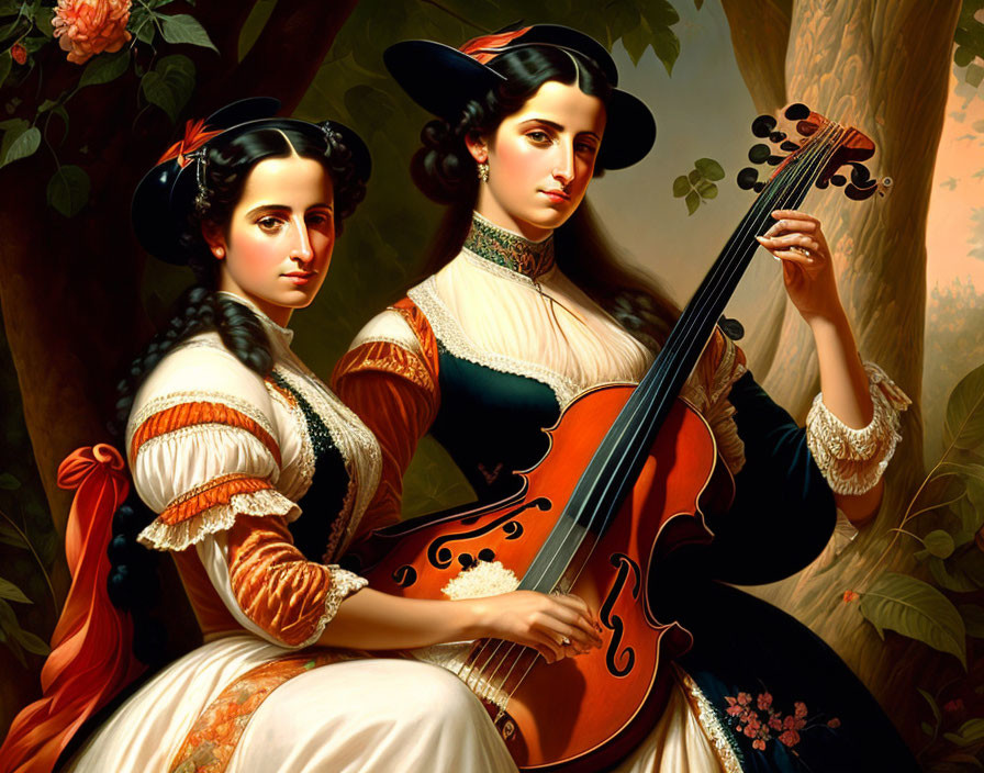 Two women in vintage clothing with string instrument in lush foliage.