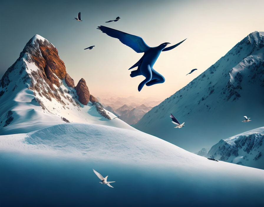 Snow-capped mountains with birds soaring under serene sky