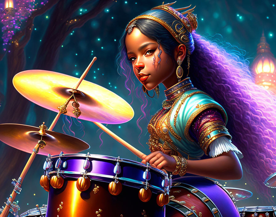 Digital artwork: Woman playing drums in mystical attire with cosmic backdrop