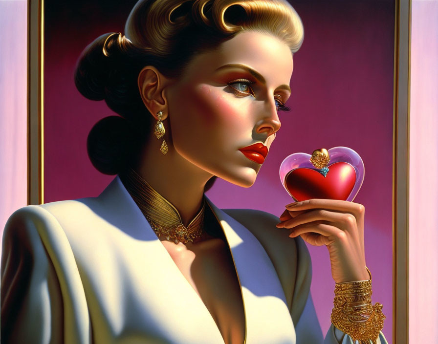 Stylish woman with retro hairstyle holding red heart, in light coat and gold jewelry