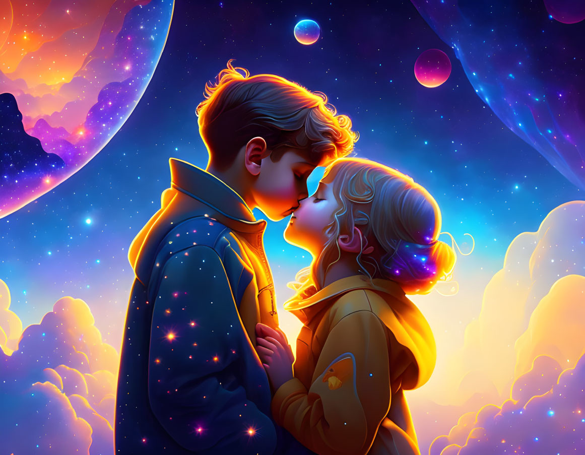 Vibrant animated children under starry sky with planets and nebulae