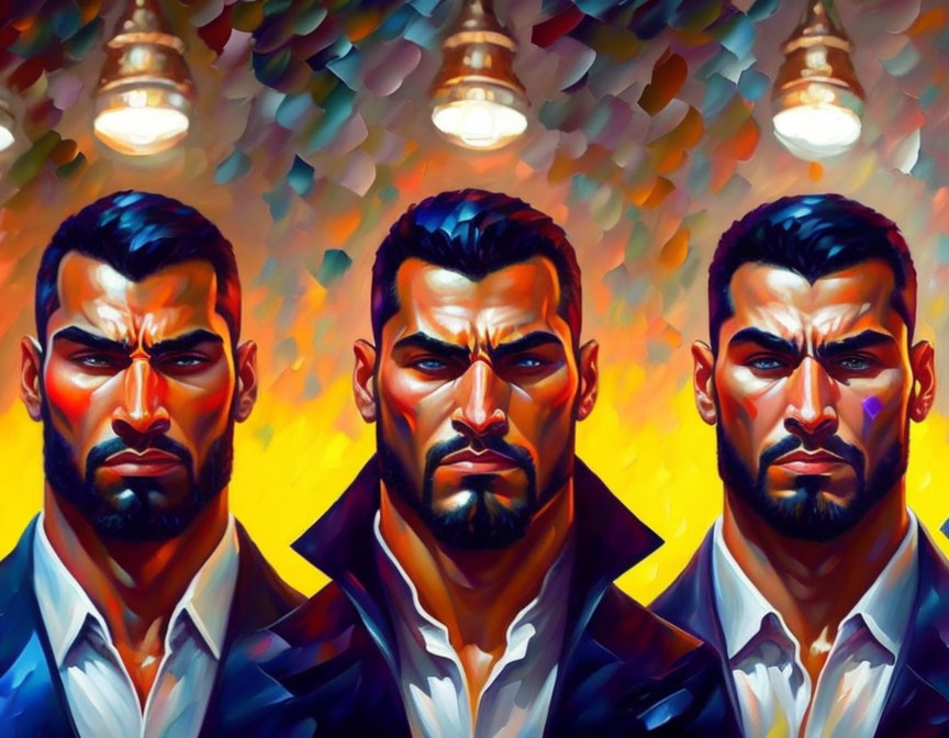 Three stylized artistic portraits of a bearded man with intense gazes under warm light against a blurred