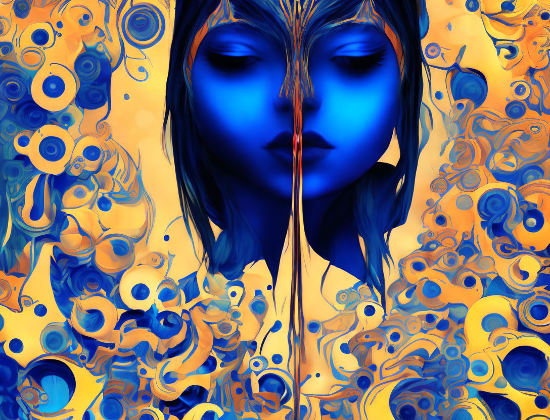 Symmetrical blue-faced digital art on vibrant swirl background