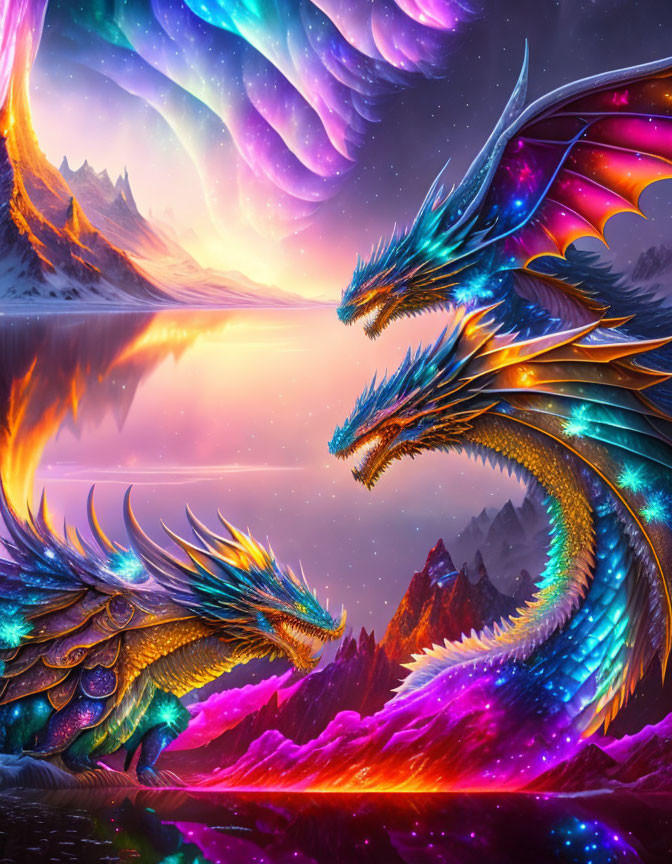 Vibrant dragons by serene lake under twilight sky with northern lights.