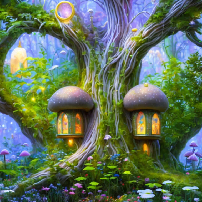 Illustration of whimsical tree with door and windows in enchanted forest