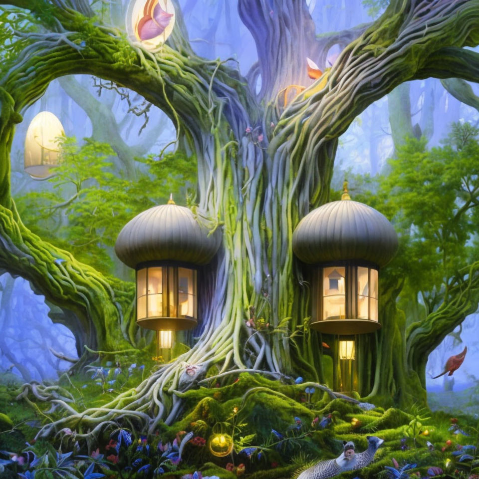 Whimsical treehouse in enchanted forest with glowing lanterns