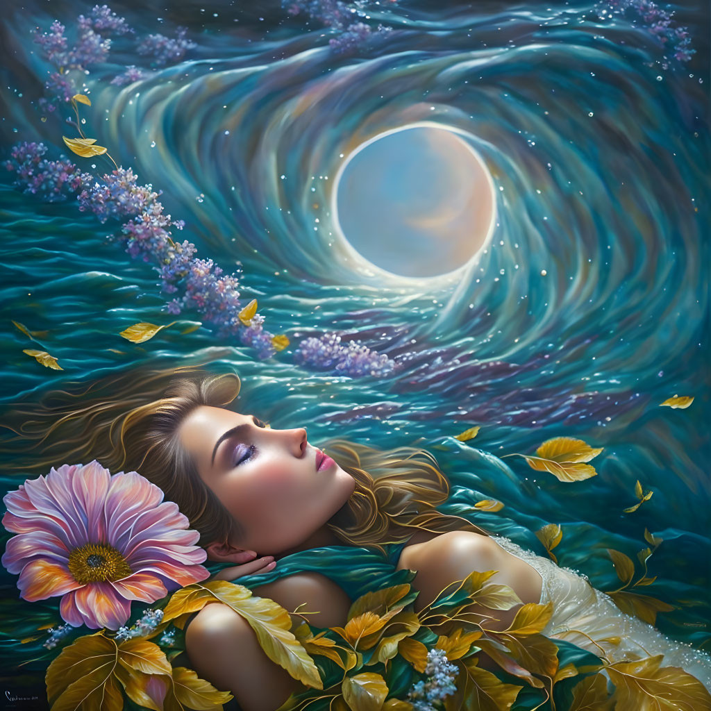 Surreal painting: Woman in water with cosmic swirls, flowers, leaves, and moon