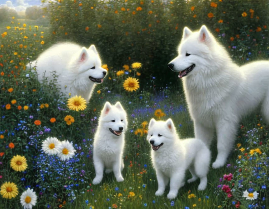 Two Adult and Two Puppy Samoyed Dogs in Vibrant Flower Field