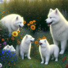 Two Adult and Two Puppy Samoyed Dogs in Vibrant Flower Field