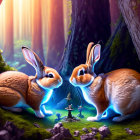 Fantasy rabbits in ornate armor in enchanted forest with glowing lamp